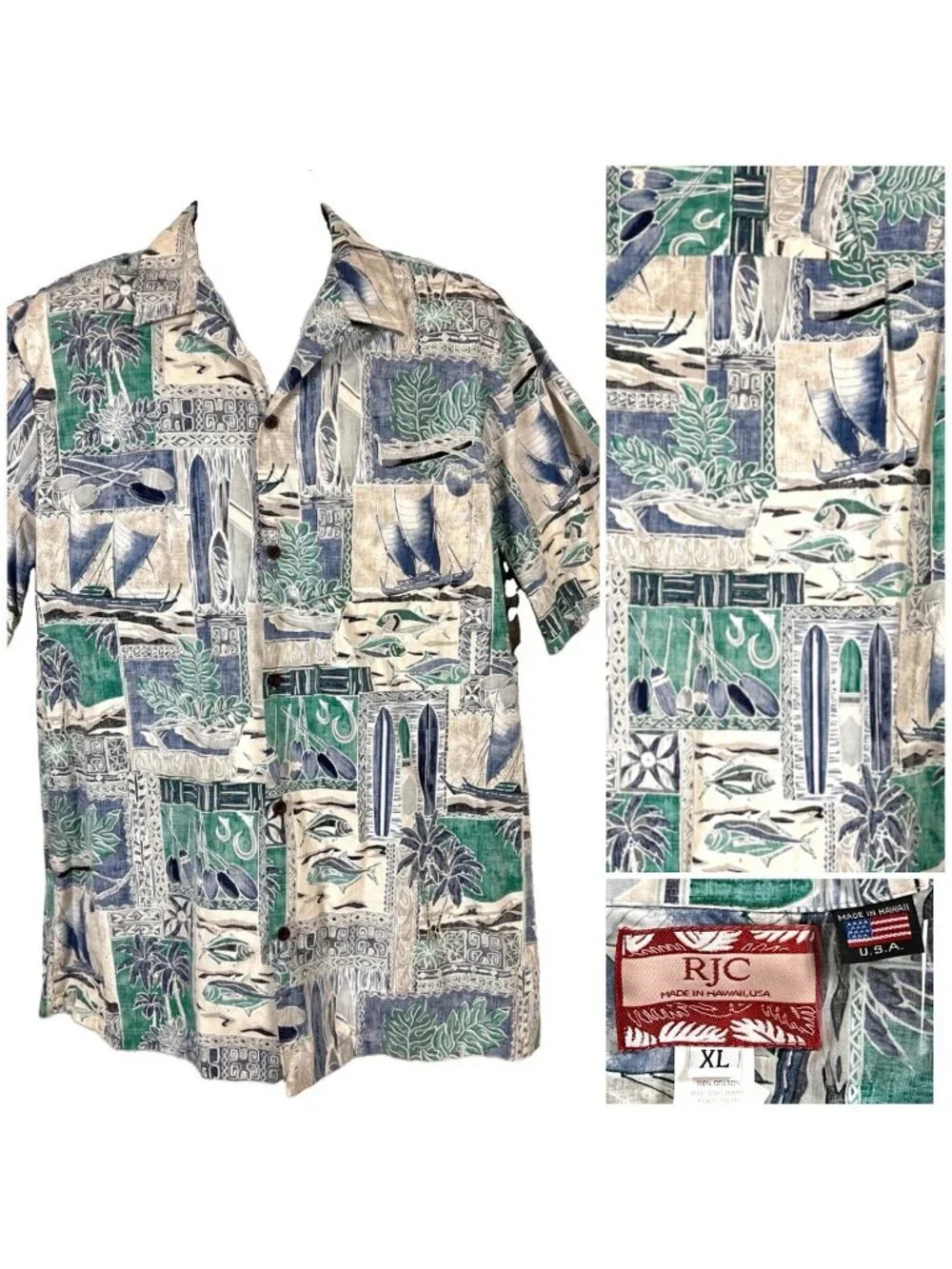 RJC Tapa Fish Canoe Ocean Mens Hawaiian Shirt size XL 49x31 Cotton USA Made